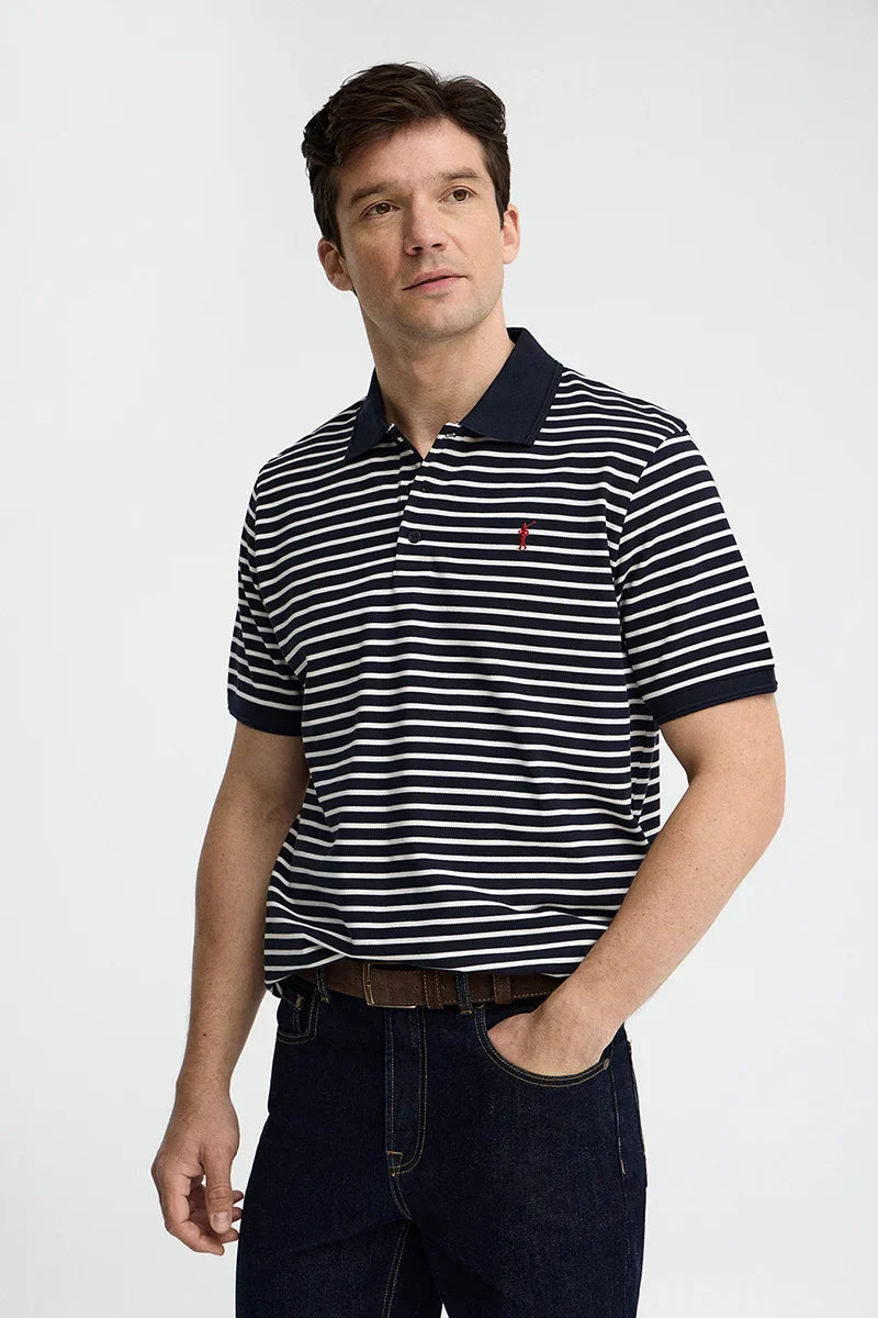 Navy and ecru striped polo shirt
