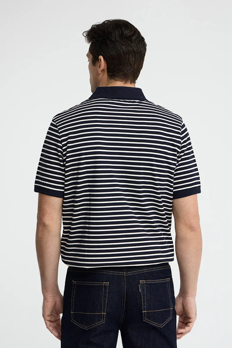 Navy and ecru striped polo shirt
