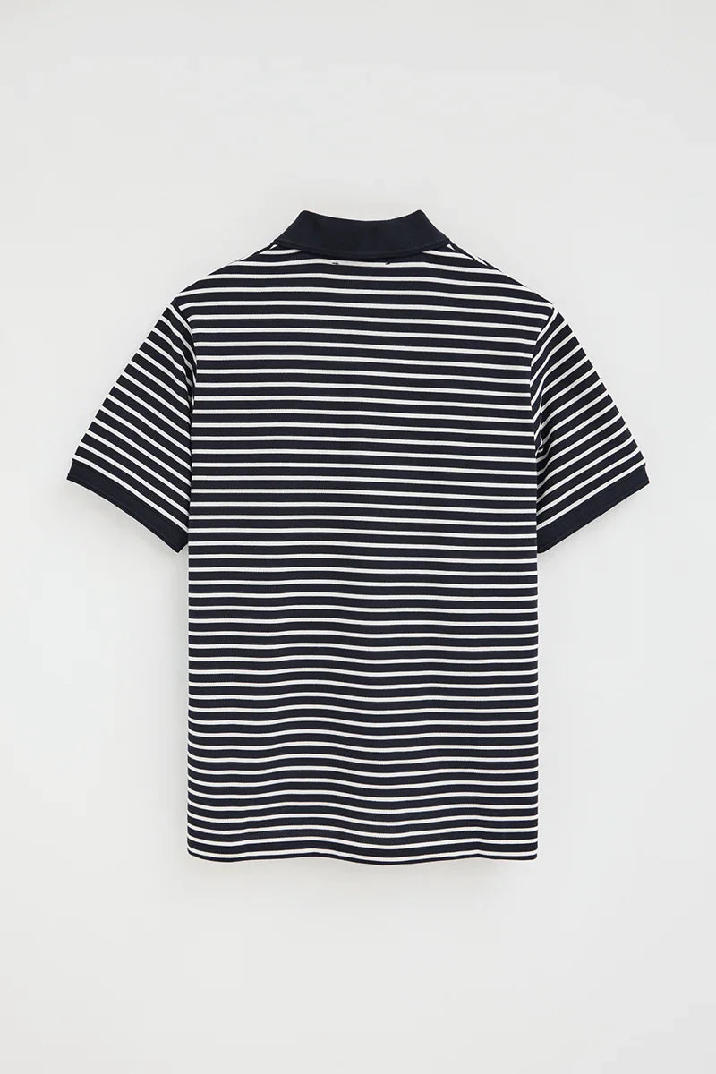 Navy and ecru striped polo shirt
