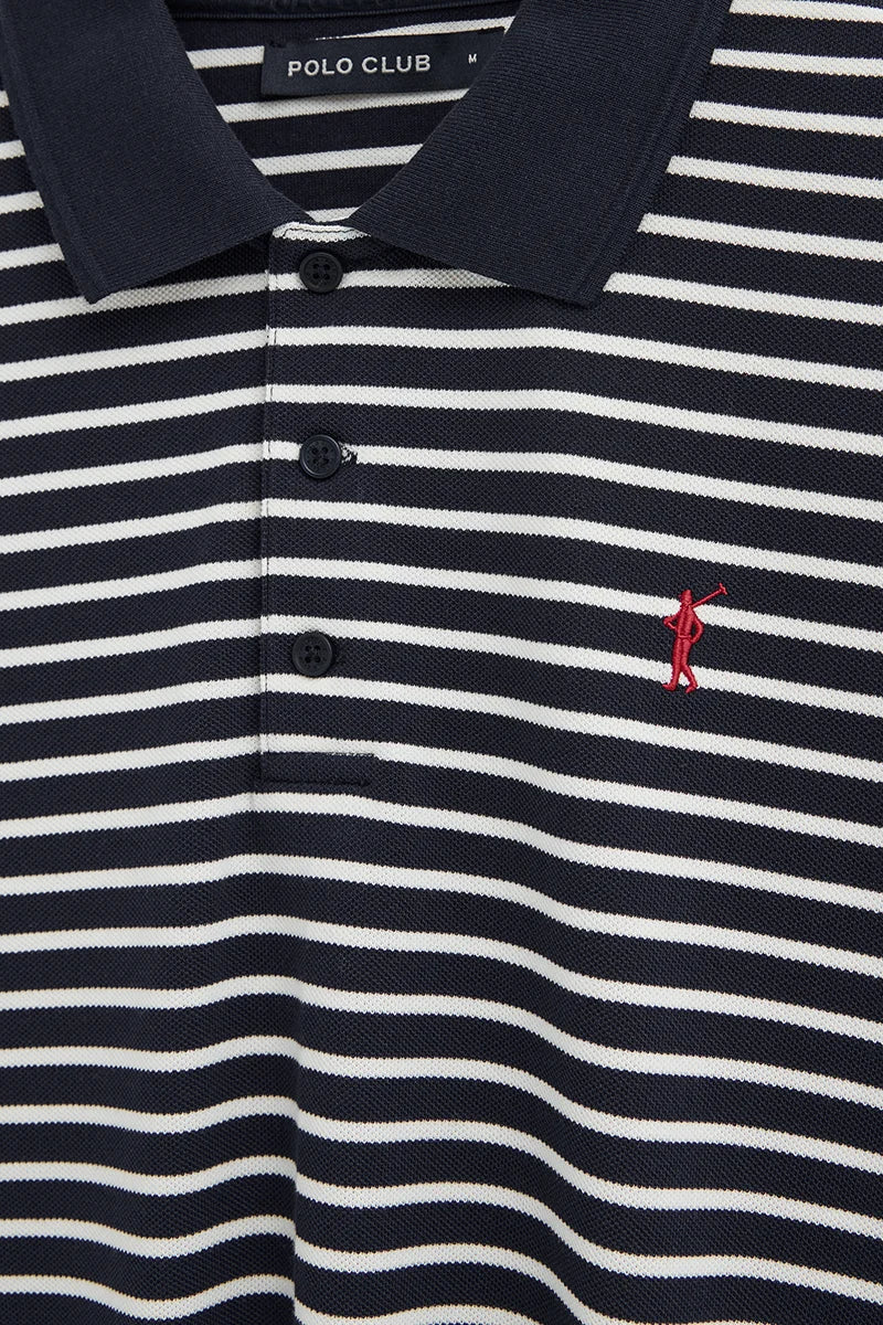 Navy and ecru striped polo shirt