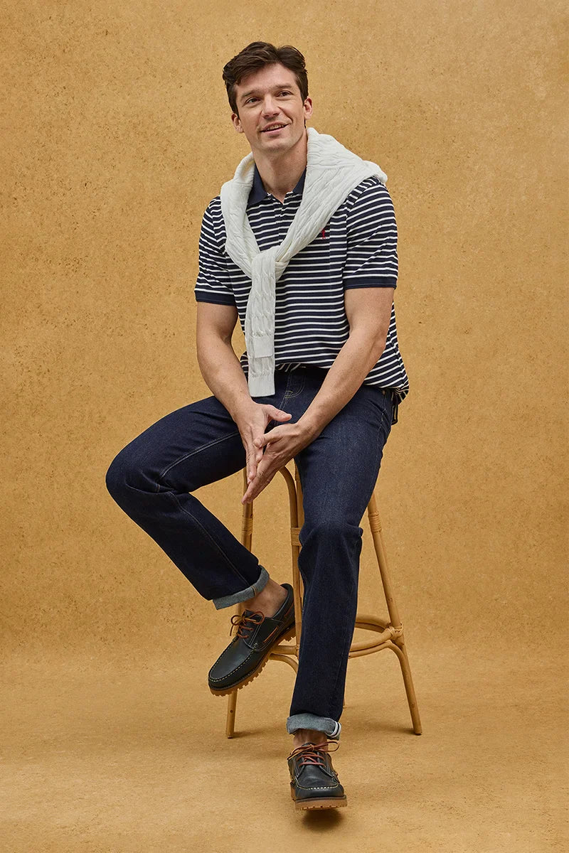Navy and ecru striped polo shirt