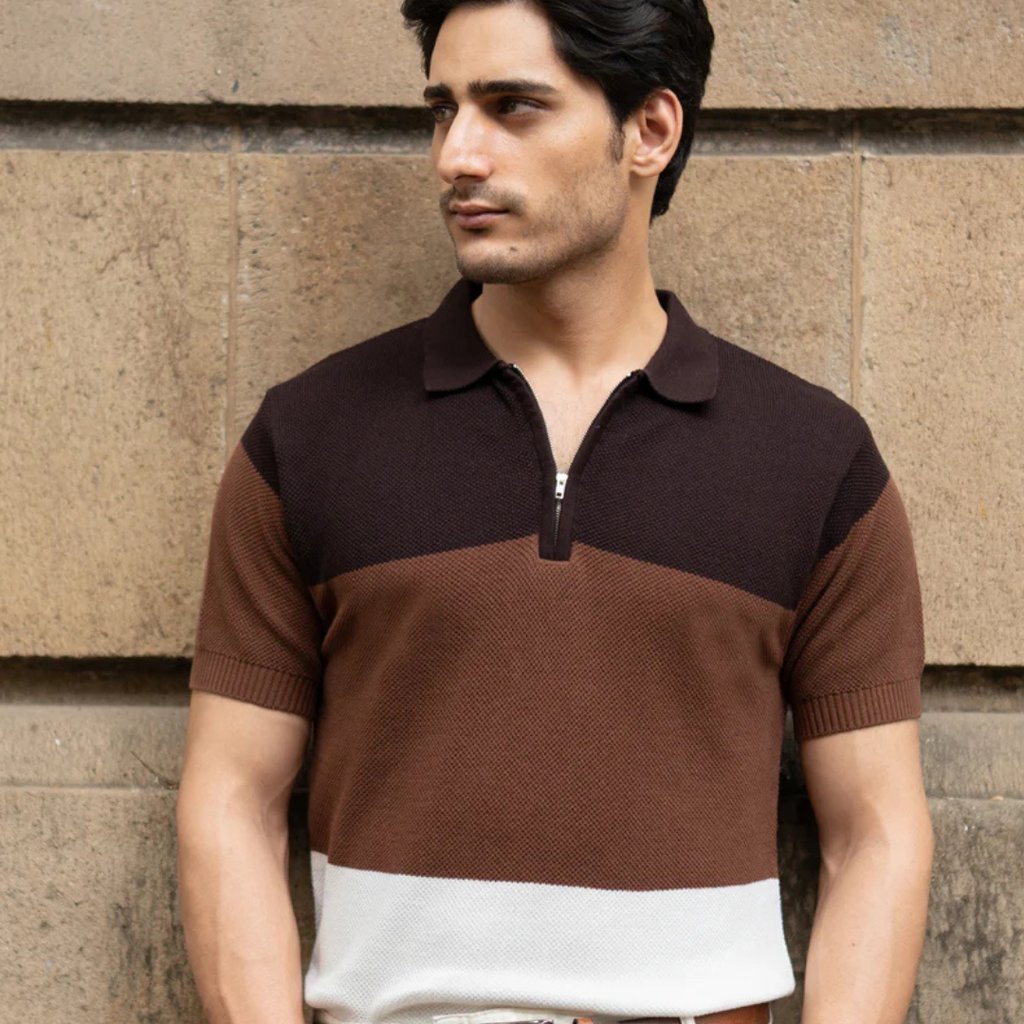 Brown & Beige Stripe Knit T-Shirt
