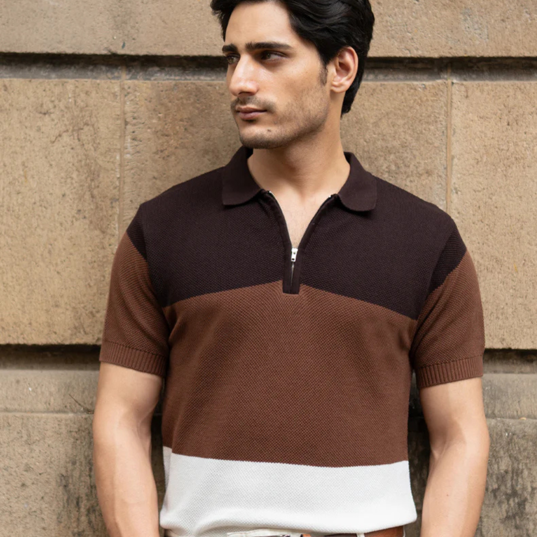 Brown & Beige Stripe Knit T-Shirt
