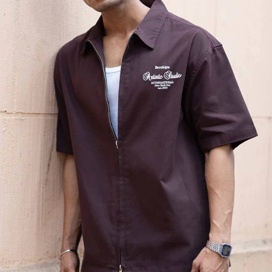 Brown Embroidered Boxy Shirt