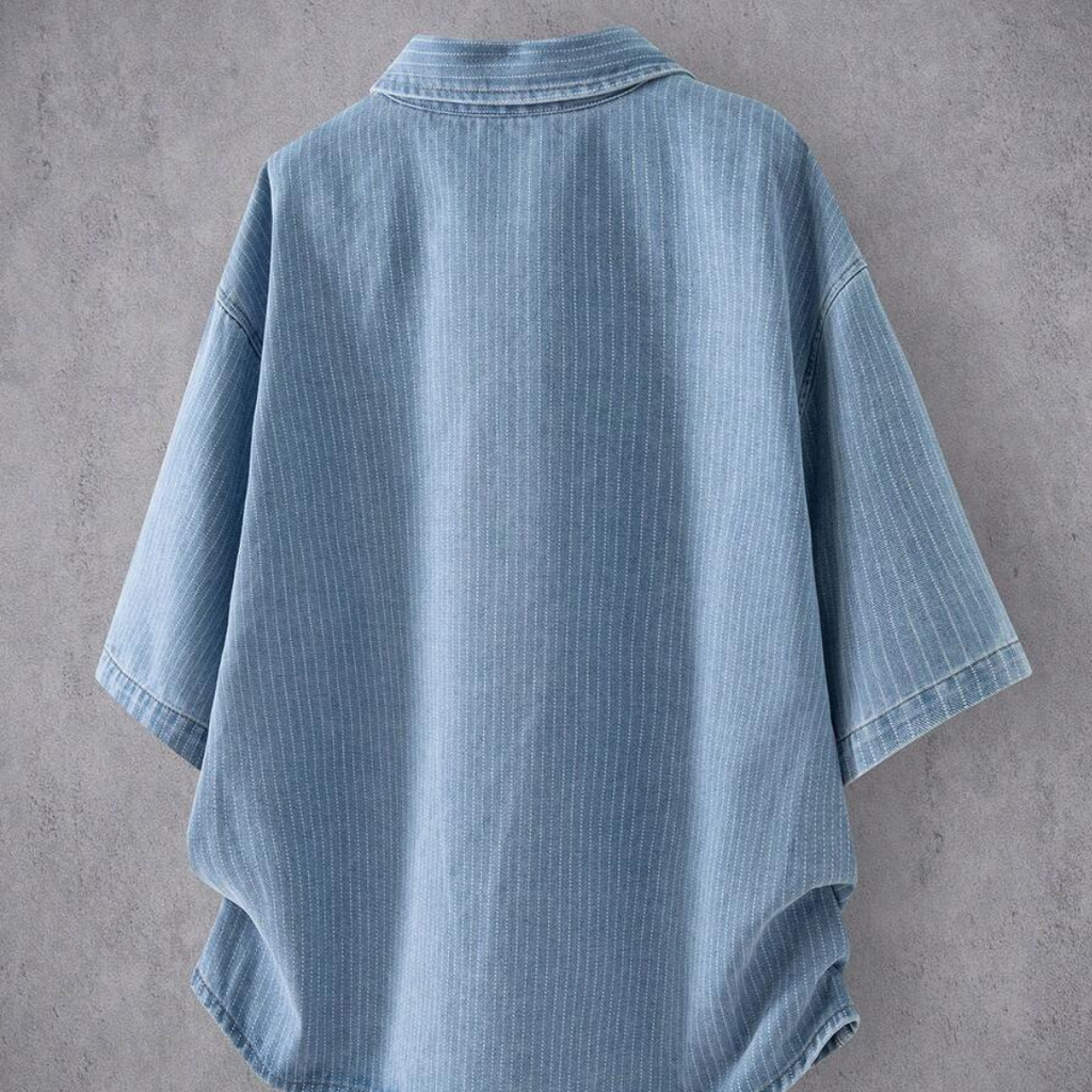Manfinity Denimwave Loose Collar Open Slit Striped Short Sleeve