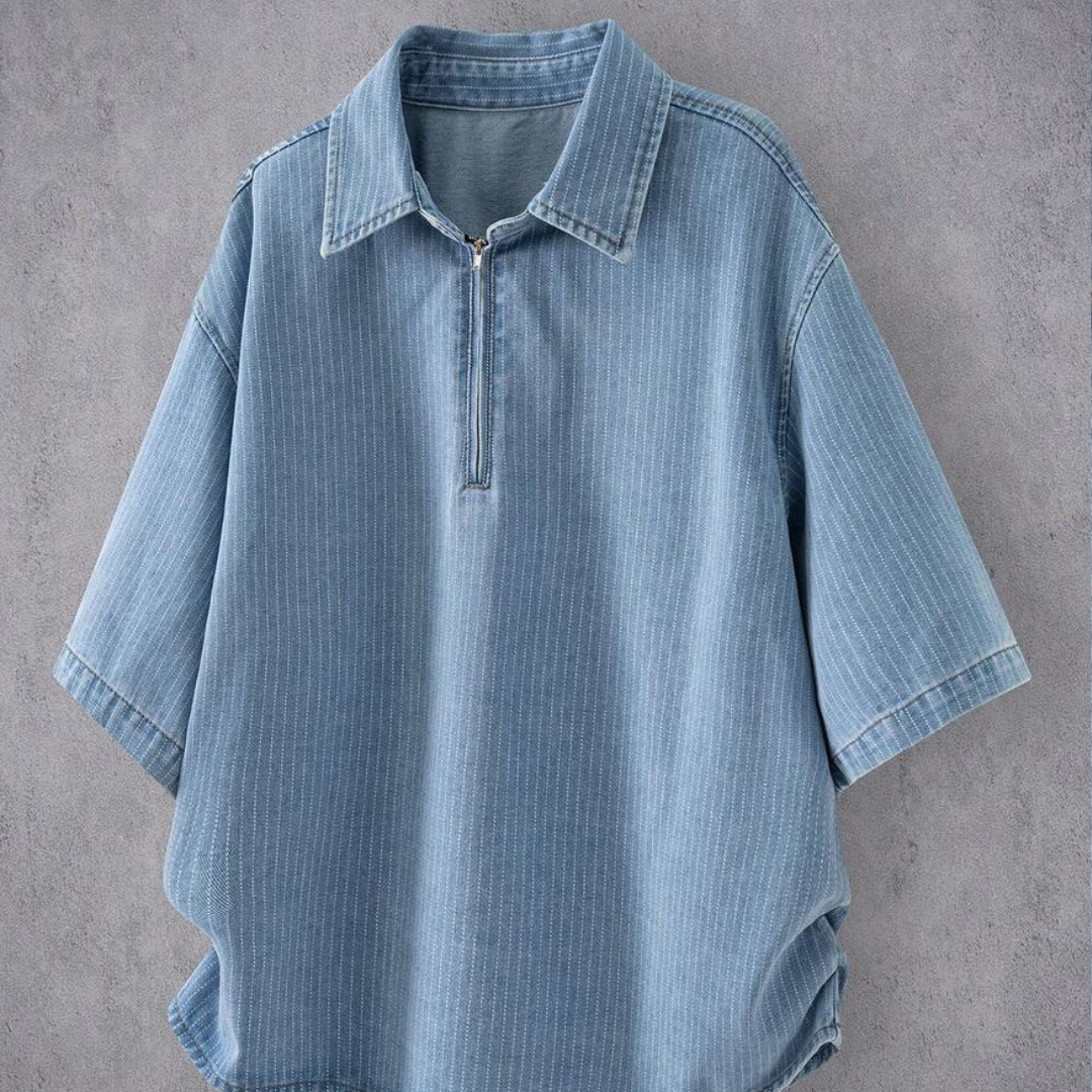 Manfinity Denimwave Loose Collar Open Slit Striped Short Sleeve