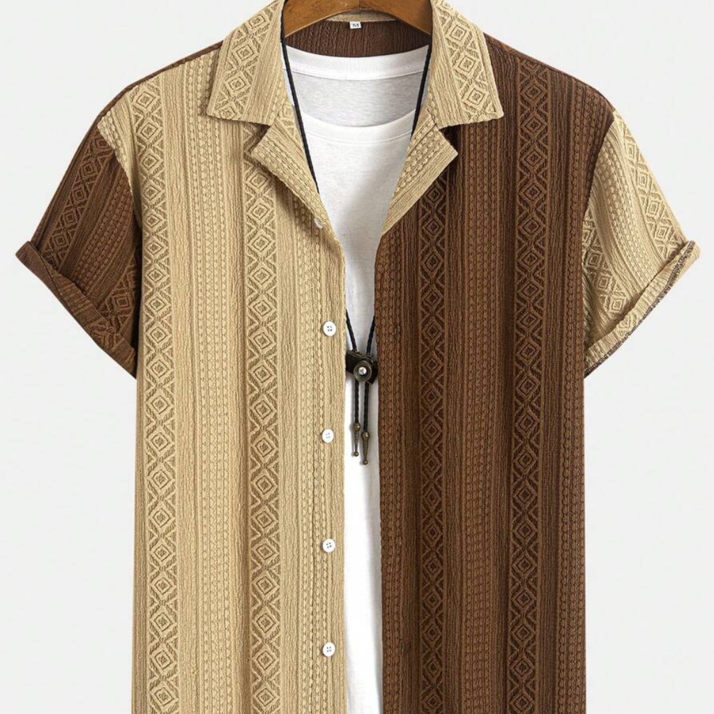 Men's Textured Patchwork Cuban Collar Short Sleeve Shirt