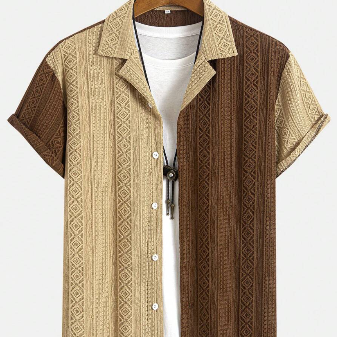 Men's Textured Patchwork Cuban Collar Short Sleeve Shirt