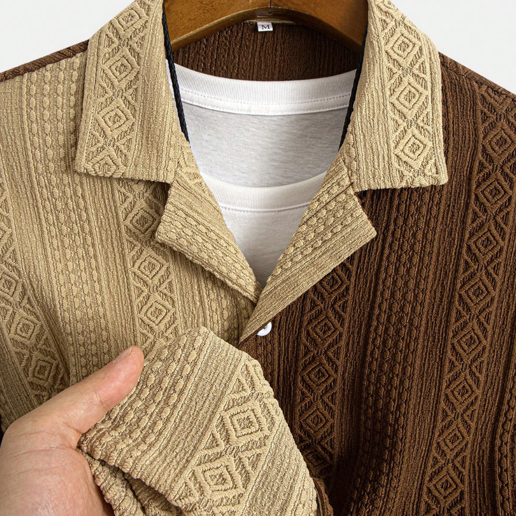 Men's Textured Patchwork Cuban Collar Short Sleeve Shirt