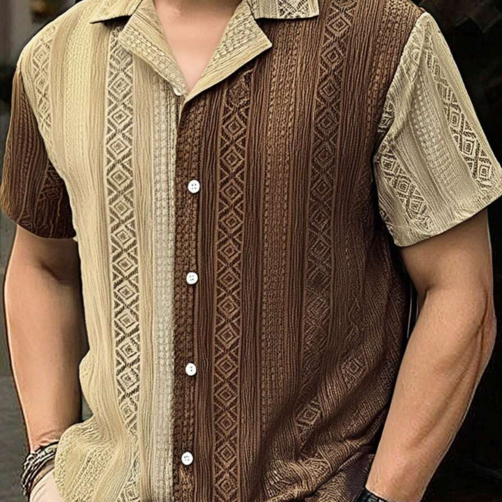 Men's Textured Patchwork Cuban Collar Short Sleeve Shirt