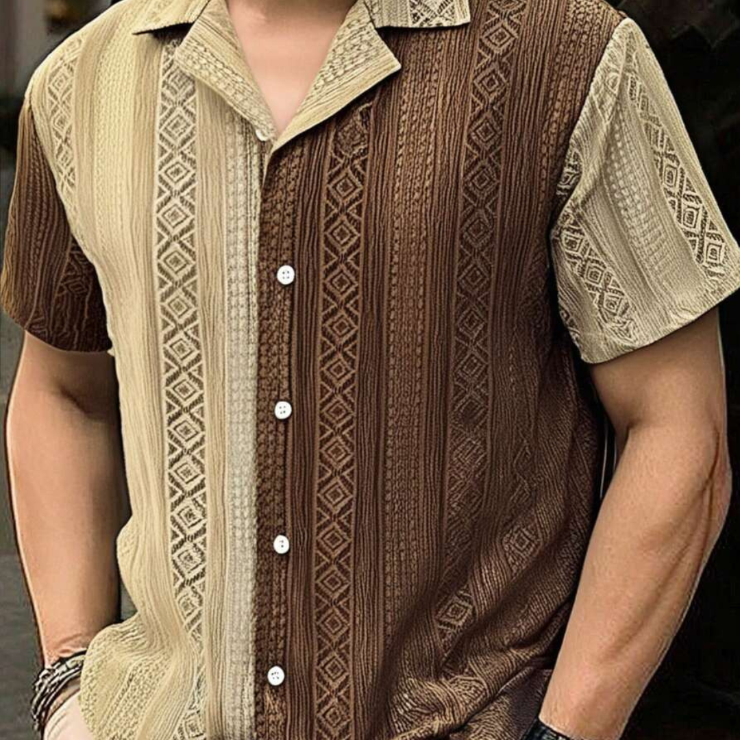 Men's Textured Patchwork Cuban Collar Short Sleeve Shirt