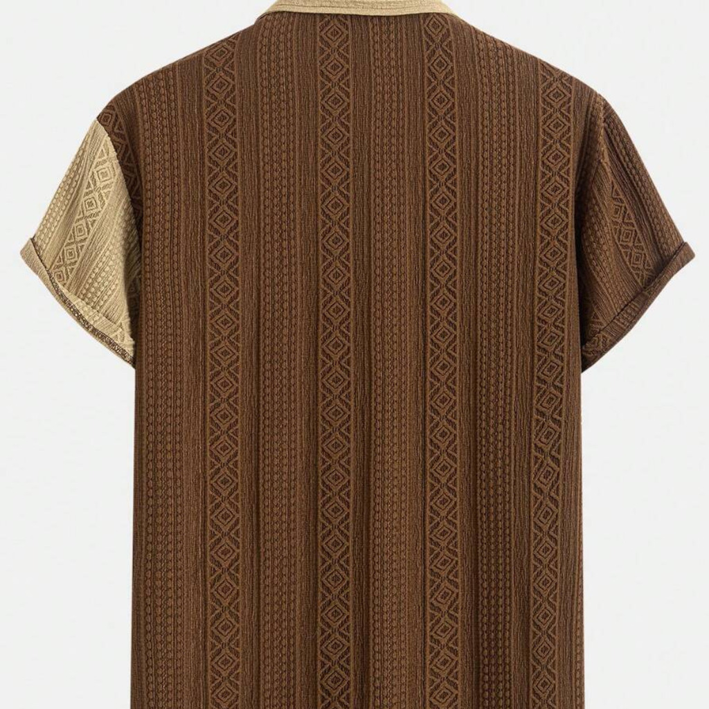 Men's Textured Patchwork Cuban Collar Short Sleeve Shirt