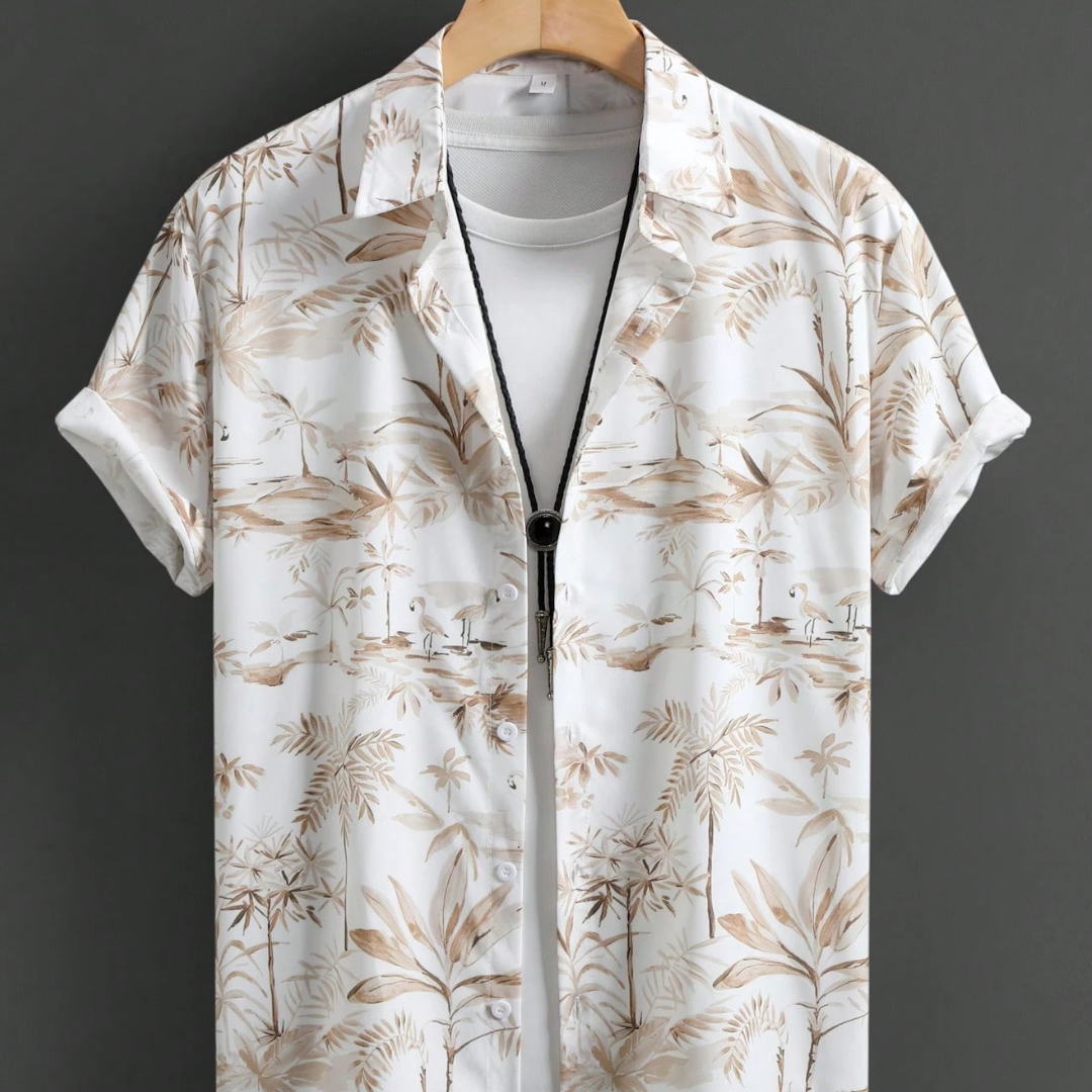 Tropical Plants Print Summer Casual Short Sleeve Shirt