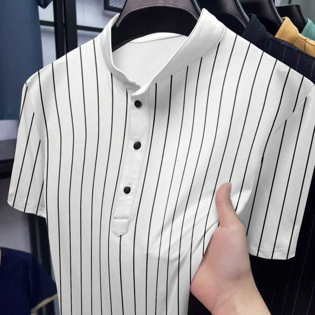 Manfinity Dauomo Men's Casual Striped Print Short Sleeve Polo Shirt
