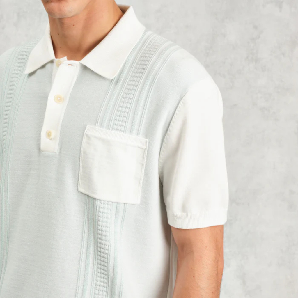 Blue And Ecru Retro Stripe Knitted Cotton Polo