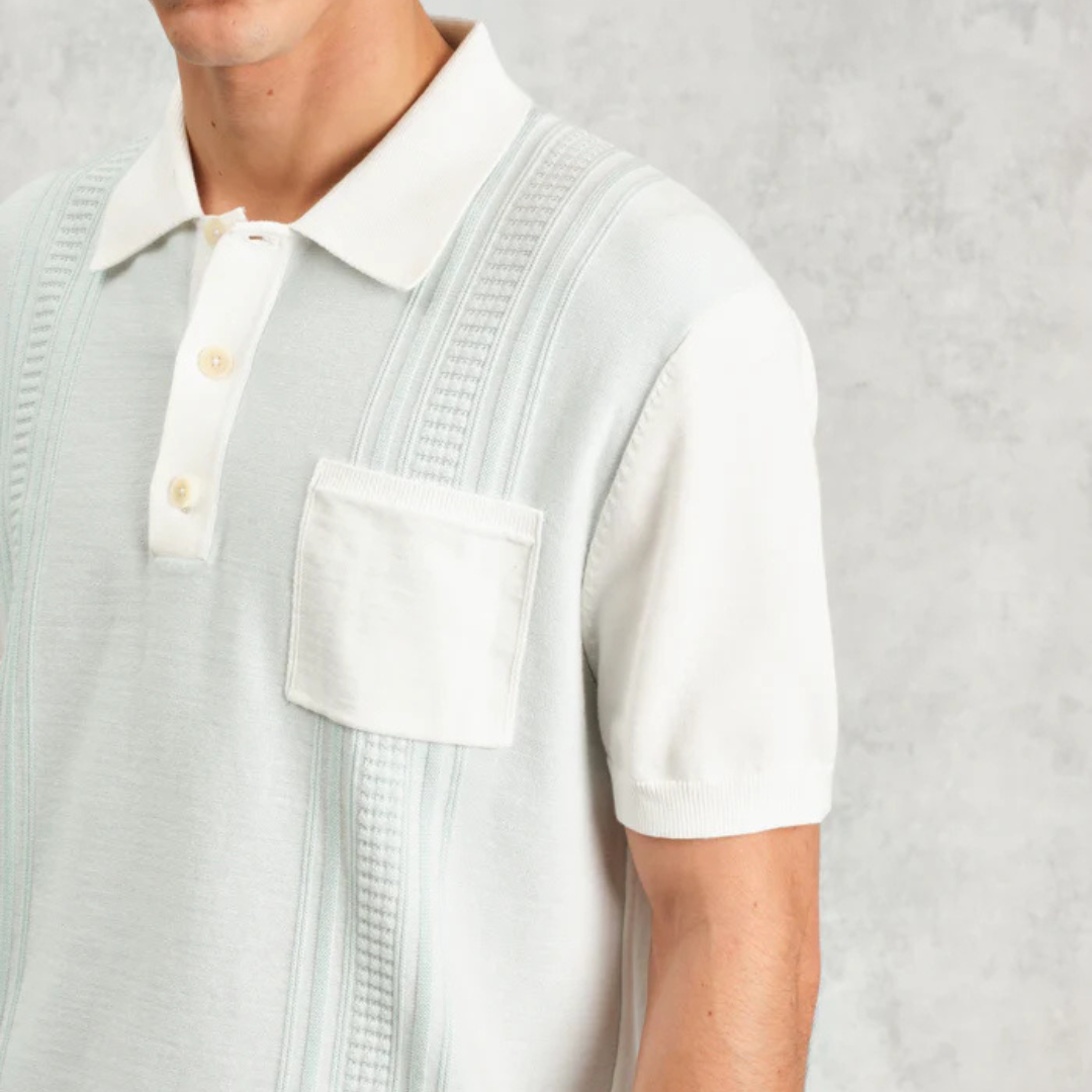 Blue And Ecru Retro Stripe Knitted Cotton Polo