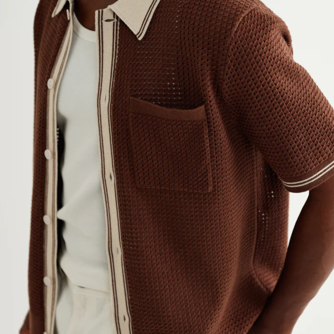 Dark Brown Tipped Pointelle Polo Shirt