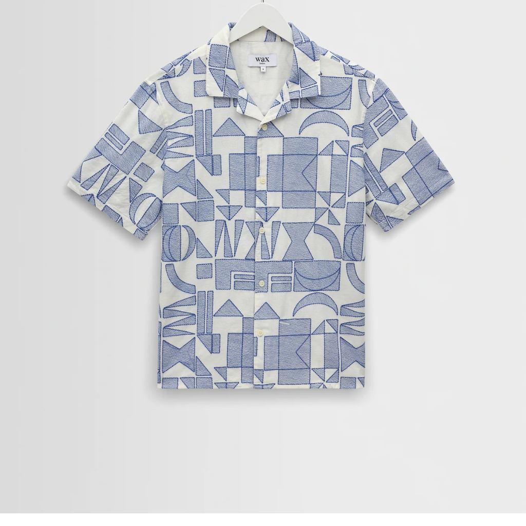 Ecru And Blue Geometric Embroidered Short-Sleeve Shirt