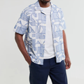 Ecru And Blue Geometric Embroidered Short-Sleeve Shirt