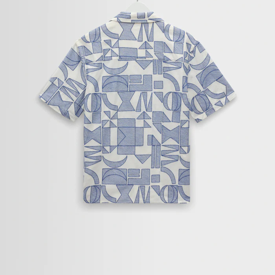 Ecru And Blue Geometric Embroidered Short-Sleeve Shirt