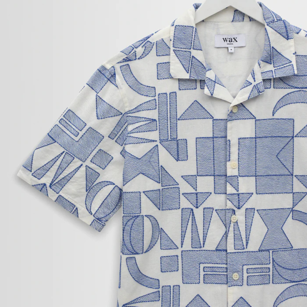 Ecru And Blue Geometric Embroidered Short-Sleeve Shirt
