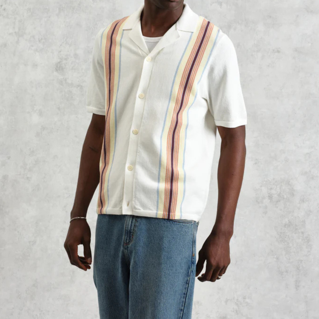 Ecru And Multicolour Striped Cotton Polo Shirt