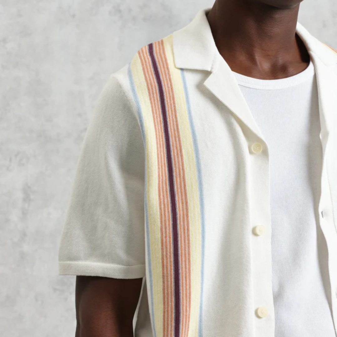Ecru And Multicolour Striped Cotton Polo Shirt
