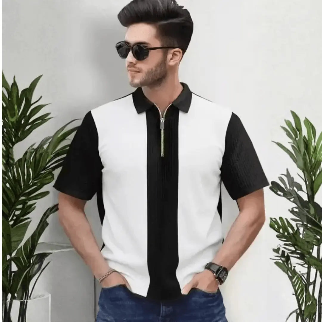 Afelix Colorblock Polo Neck Black & White T-Shirt