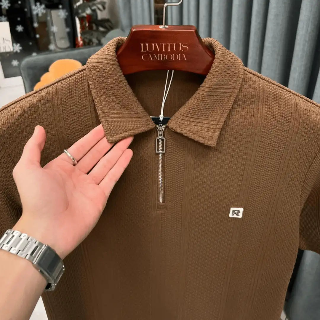 Mocha Brown Fine Drop Needle Zip Polo