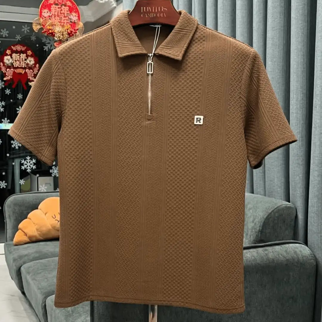 Mocha Brown Fine Drop Needle Zip Polo