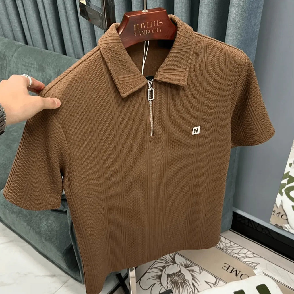 Mocha Brown Fine Drop Needle Zip Polo