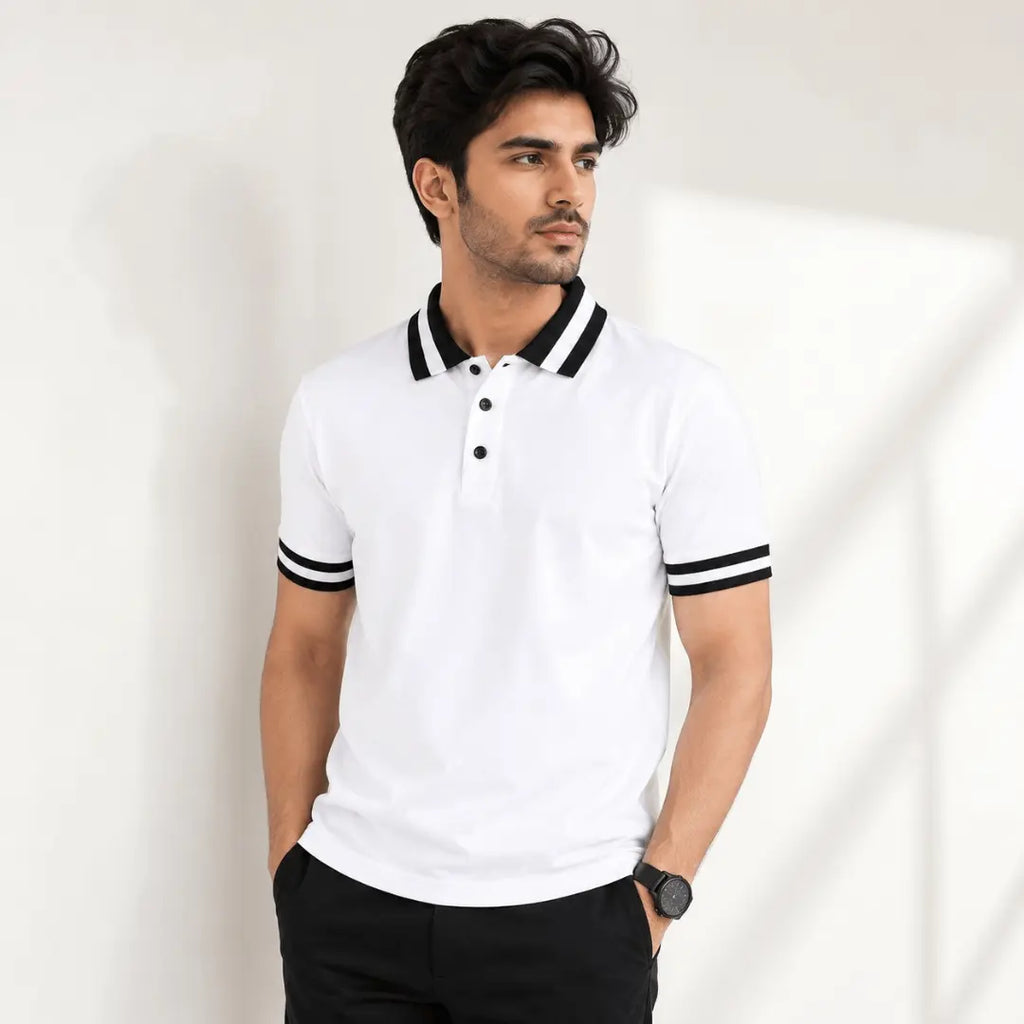 Elegant White Polo T-Shirt with Black Tipping