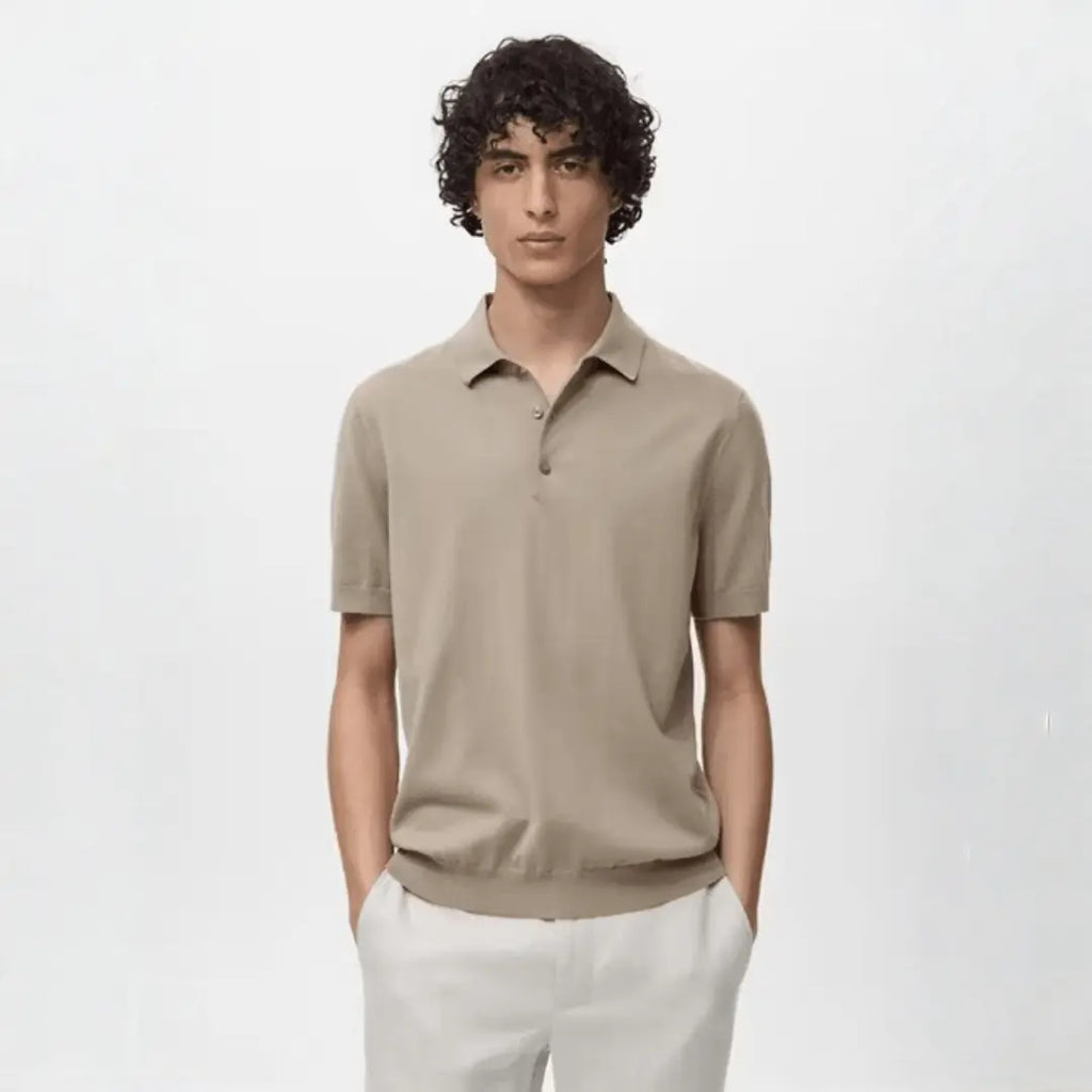Beige Mango Fine-Knit Polo T-Shirt