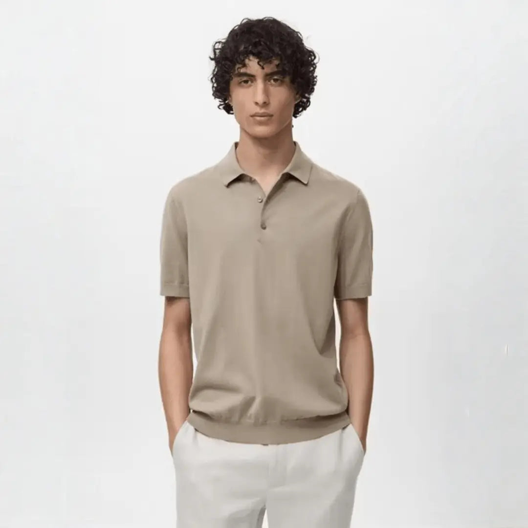 Beige Mango Fine-Knit Polo T-Shirt