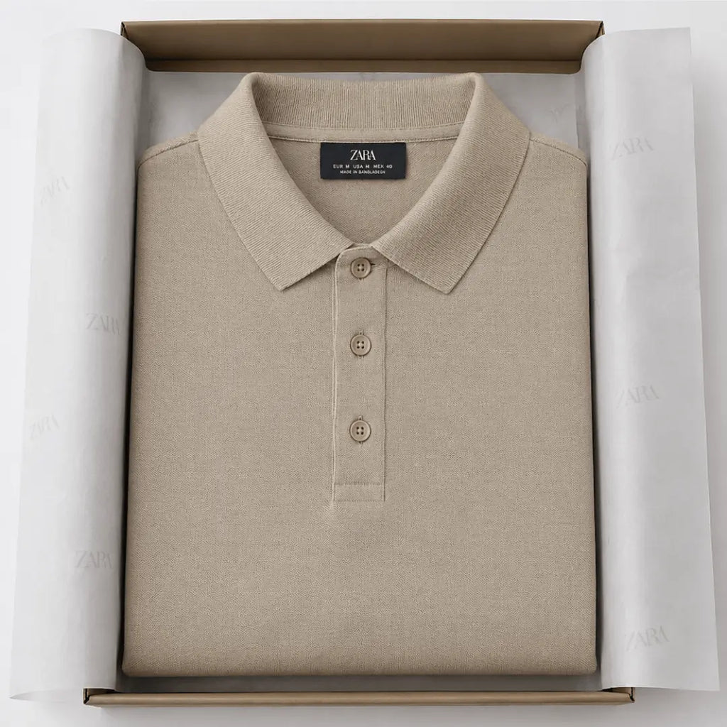 Beige Mango Fine-Knit Polo T-Shirt