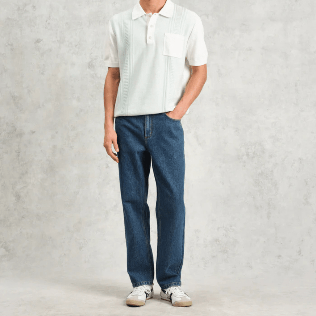 Blue And Ecru Retro Stripe Knitted Cotton Polo