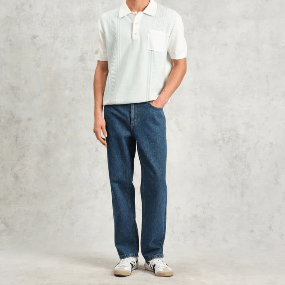 Blue And Ecru Retro Stripe Knitted Cotton Polo