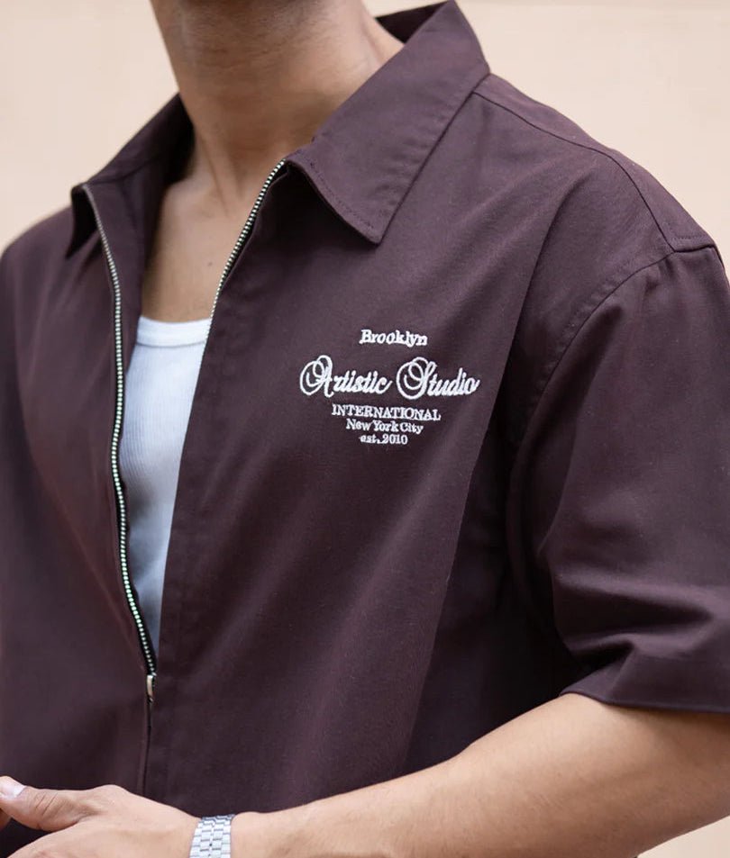 Brown Embroidered Boxy Shirt