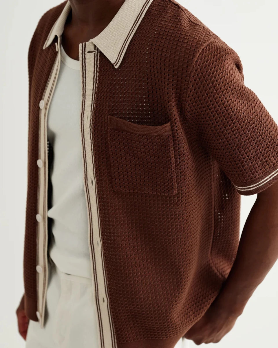 Dark Brown Tipped Pointelle Polo Shirt