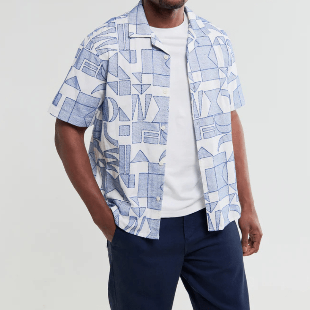 Ecru And Blue Geometric Embroidered Short-Sleeve Shirt