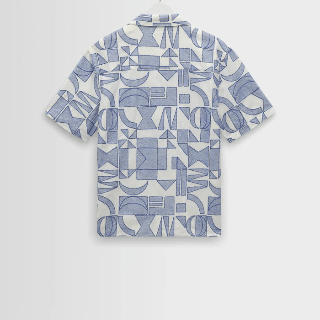 Ecru And Blue Geometric Embroidered Short-Sleeve Shirt
