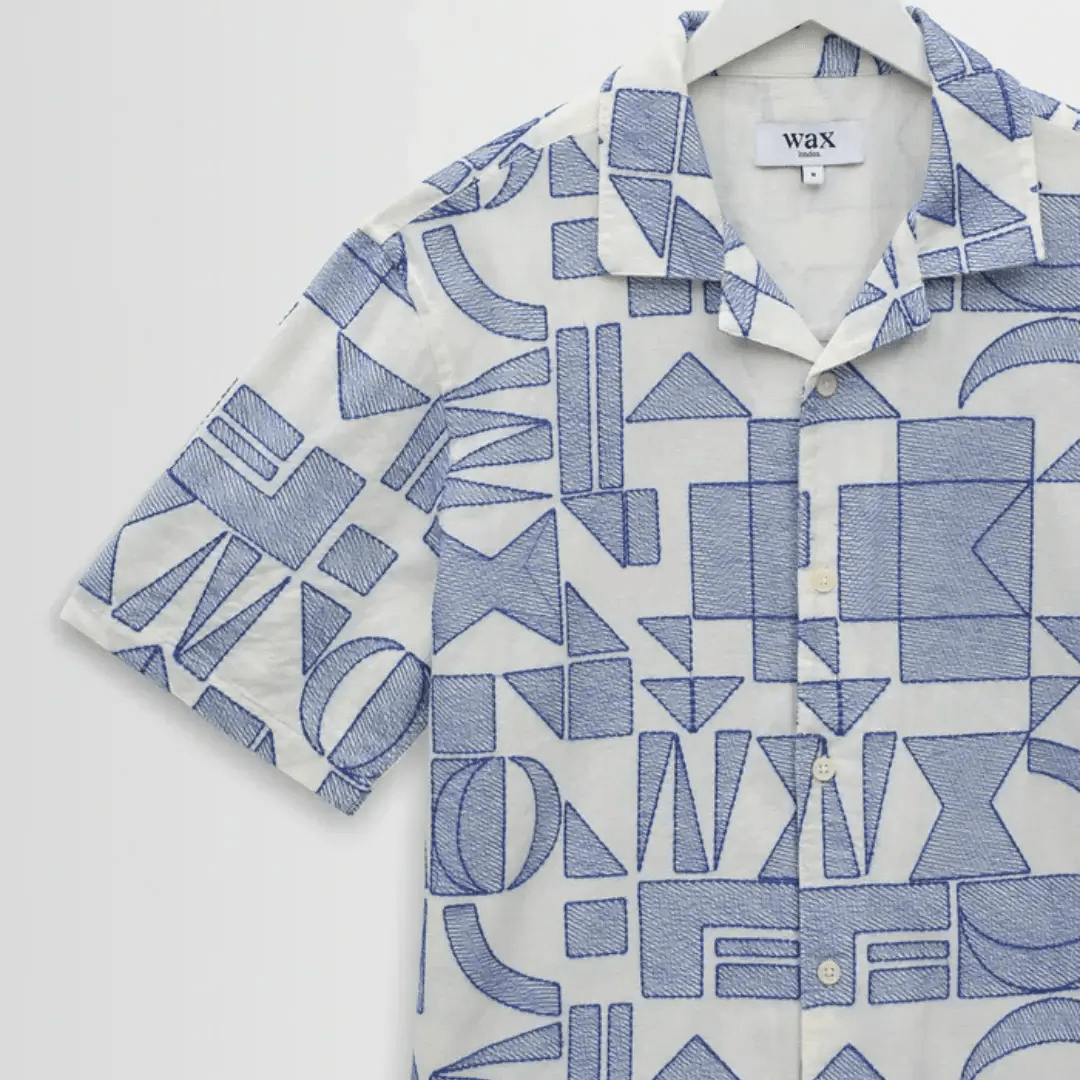 Ecru And Blue Geometric Embroidered Short-Sleeve Shirt
