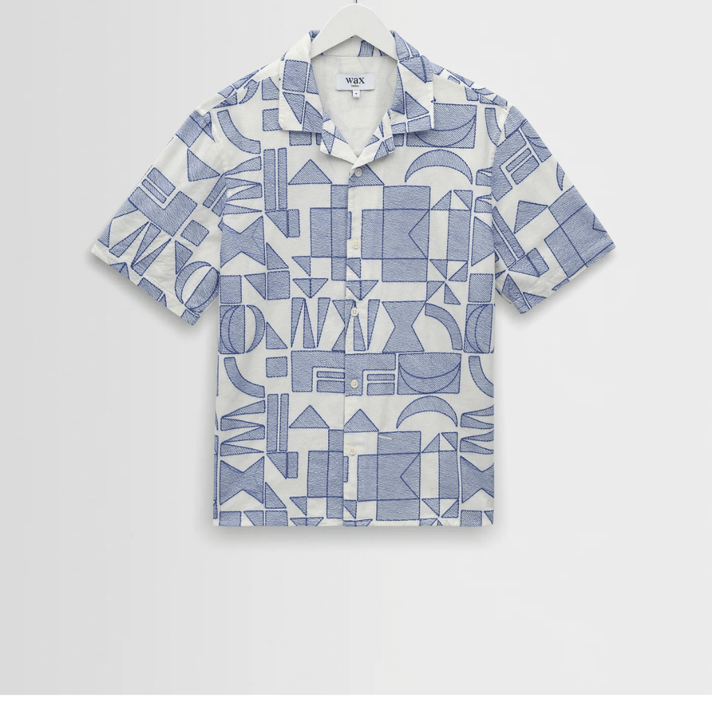Ecru And Blue Geometric Embroidered Short-Sleeve Shirt