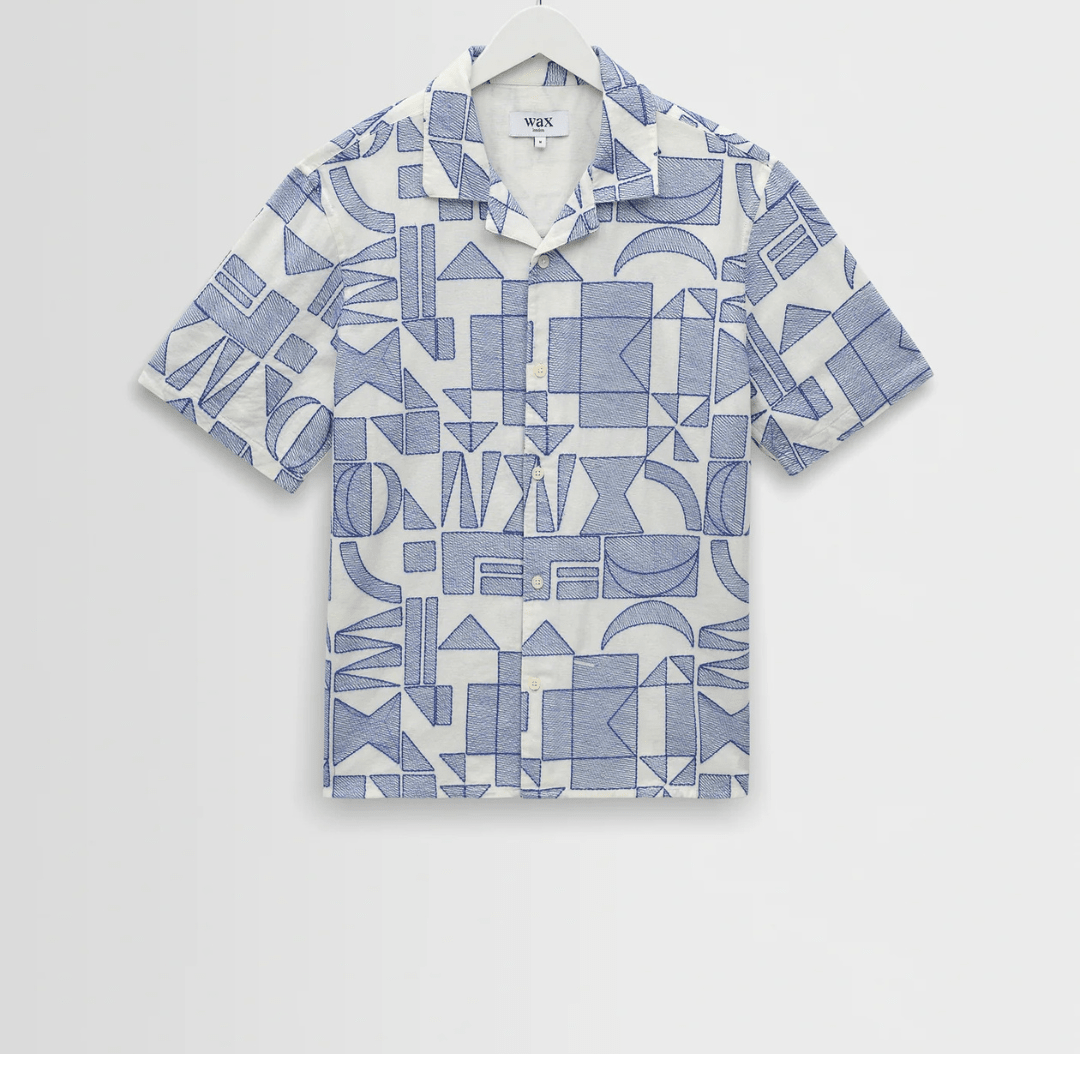 Ecru And Blue Geometric Embroidered Short-Sleeve Shirt