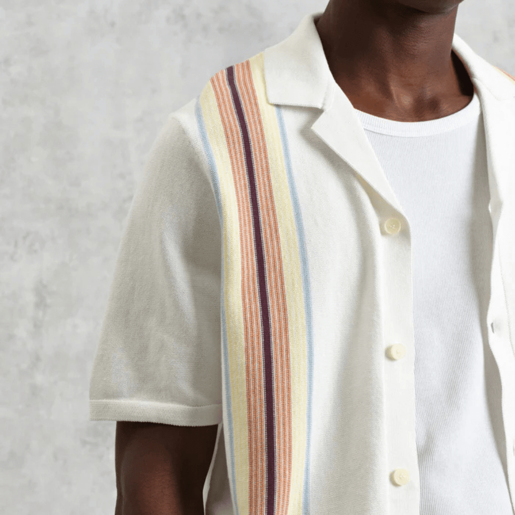 Ecru And Multicolour Striped Cotton Polo Shirt