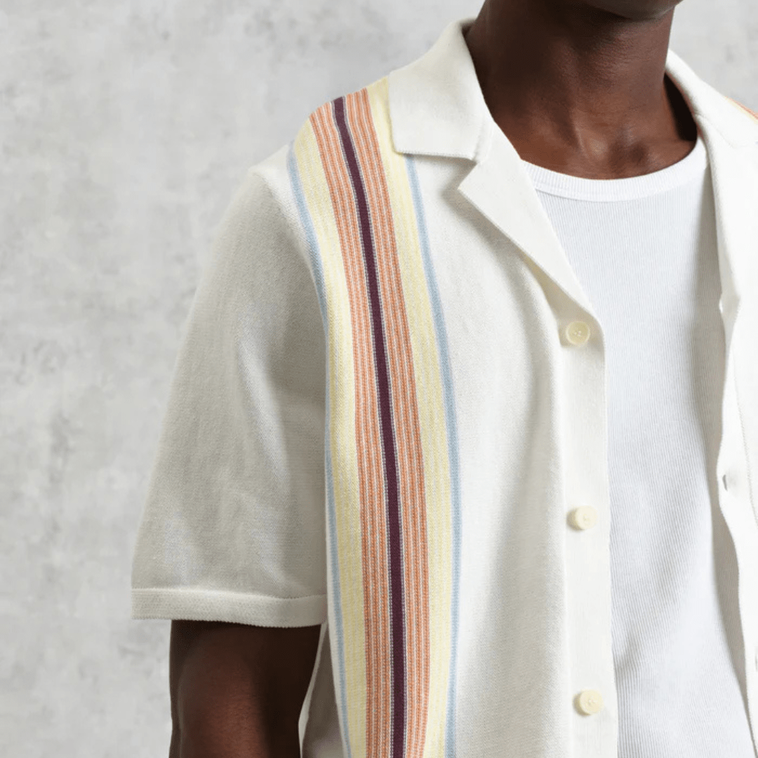 Ecru And Multicolour Striped Cotton Polo Shirt