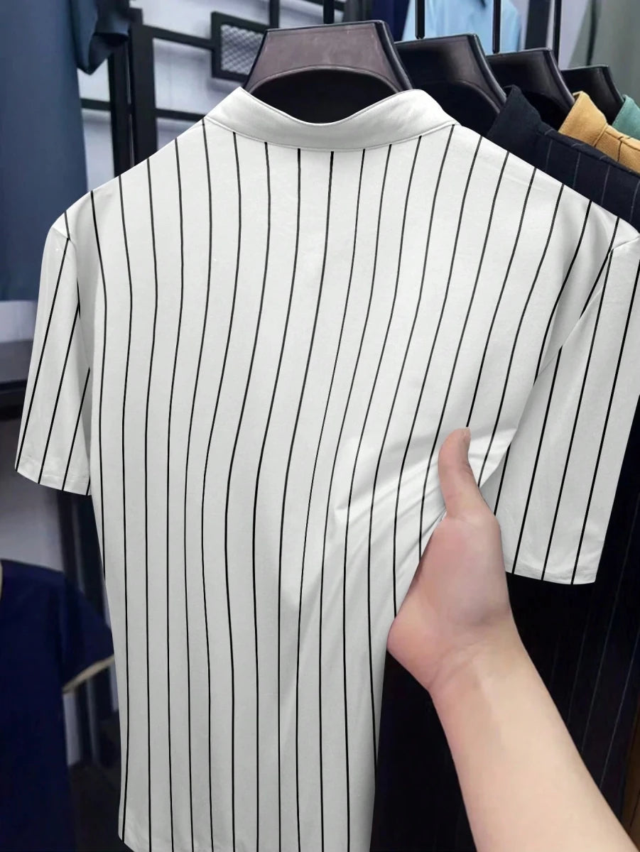 Manfinity Dauomo Men's Casual Striped Print Short Sleeve Polo Shirt