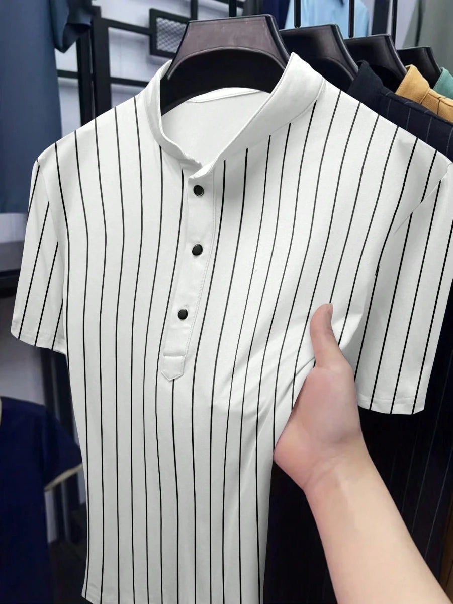 Manfinity Dauomo Men's Casual Striped Print Short Sleeve Polo Shirt
