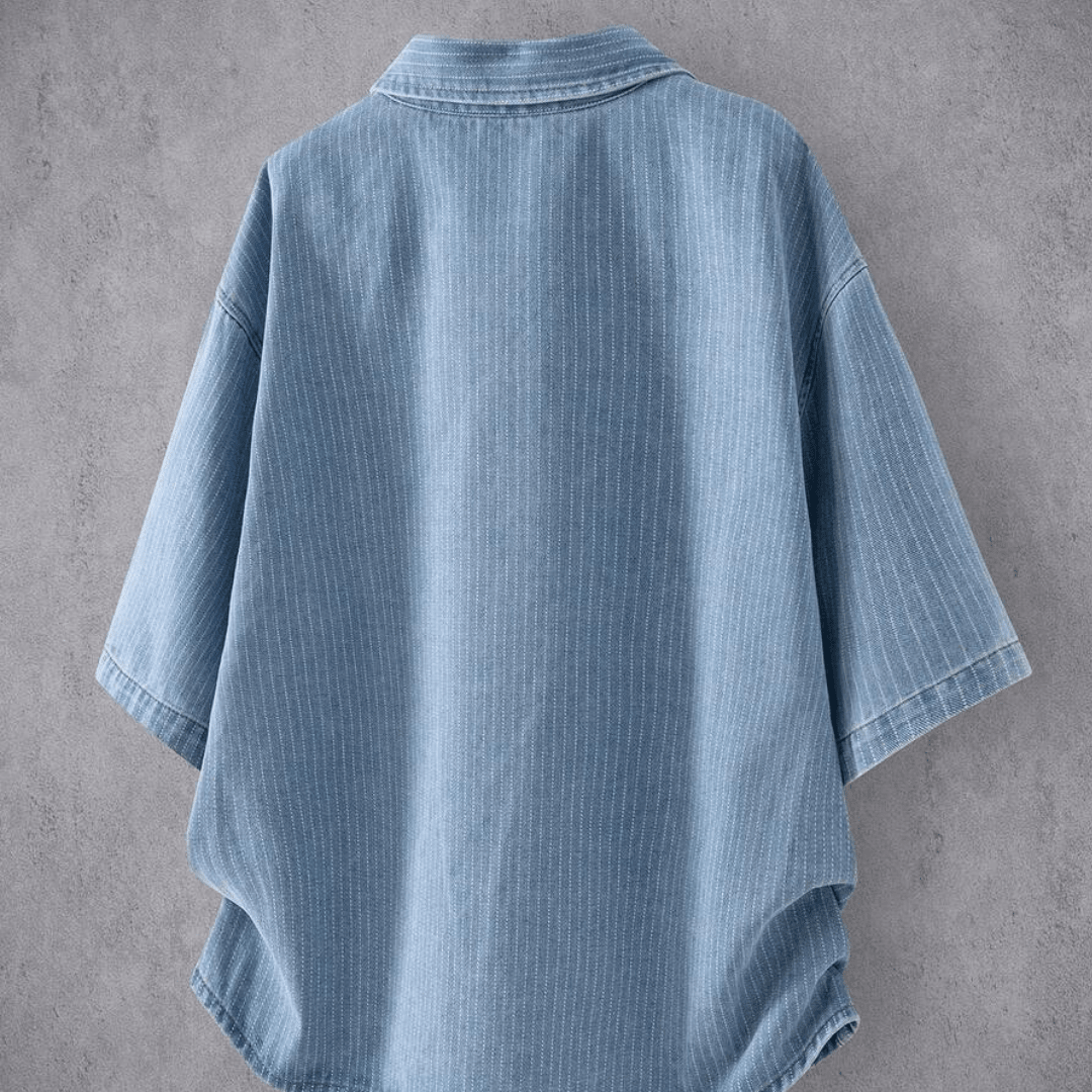 Manfinity Denimwave Loose Collar Open Slit Striped Short Sleeve