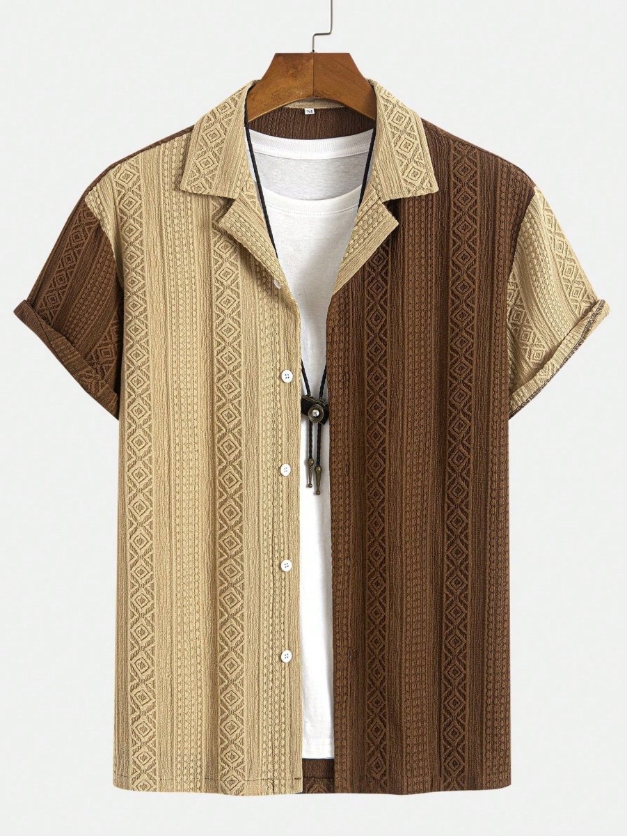Men's Textured Patchwork Cuban Collar Short Sleeve Shirt